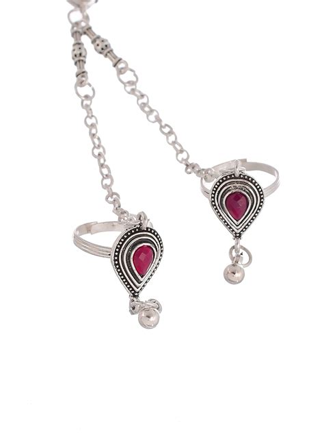 Buy Ethnic Oxidised Silver Tilak Pan Stone Anklet With Linking Toe ...