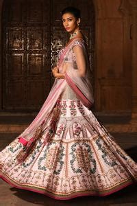 Buy Pink Net, Chanderi Silk Sweetheart Neck Embroidered Bridal Lehenga ...