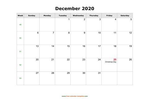 Free 2020 Calendar Blank December Template (horizontal) | Free-calendar ...