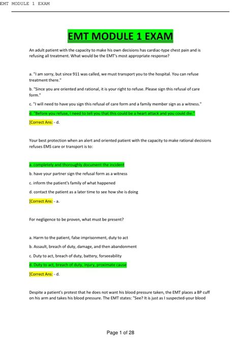 EMT Module 1 Exam (Complete 100 Questions Answered 100% Correct ) - EMT ...
