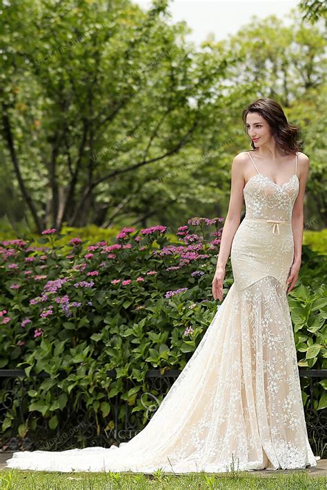 Spaghetti Strap Sheer Lace Mermaid Destination Wedding Dress - VQ