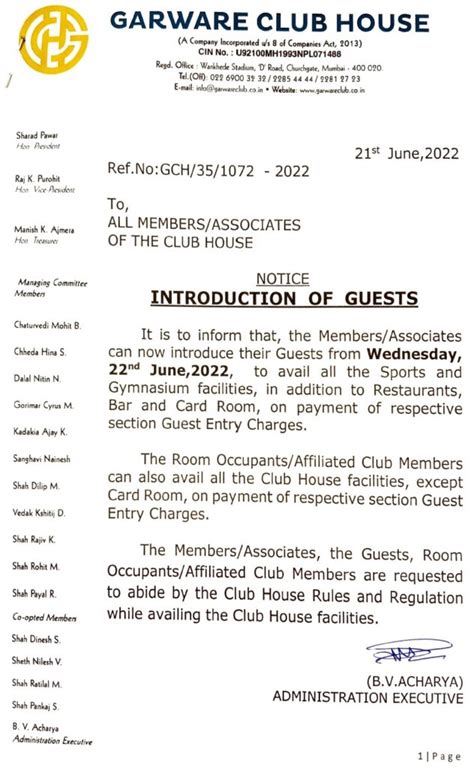 Introduction of Guests in all Sports & Gymnasium Facilities - Garware ...