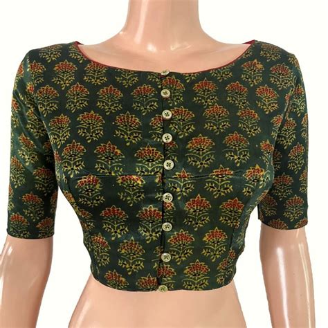 Ajrakh Block Printed Gajji Silk Boat Neck blouse with Button Details,