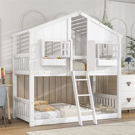 Amazon.com: Polibi House Bunk Bed, Twin Over Twin with Roof, Window ...