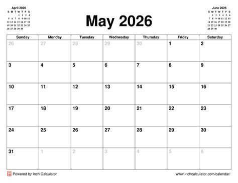 May 2026 Calendar - Inch Calculator