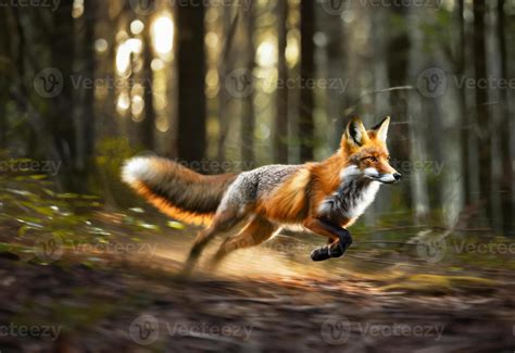Red fox running in a forest, fox in motion with blurred forest trees in the background 47382759 ...