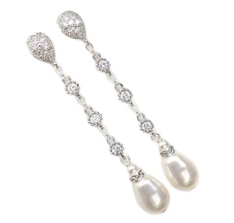 Long Pearl Dangle Earrings Bridal Pearl Drop by LizardiBridal