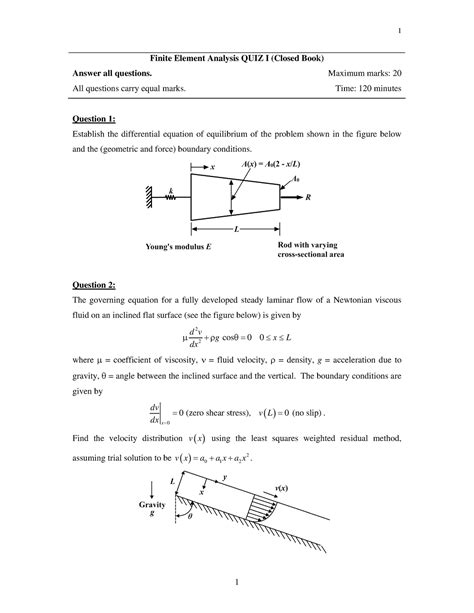 Quiz1 - A mid-sem quiz. - 1 1 Finite Element Analysis QUIZ I (Closed ...