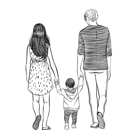 Lineare Zeichnung Silhouette Familie kommt Mama Papa Baby Sohn schwarz ...