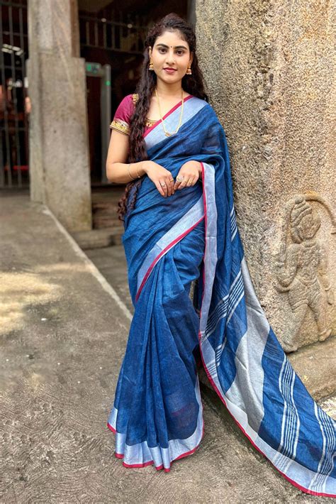 Chitrangada - Buy Royal Blue Organic Linen Sari Online | Linen World