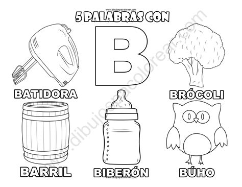 Cinco Palabras con la letra B dibujo a color y para colorear