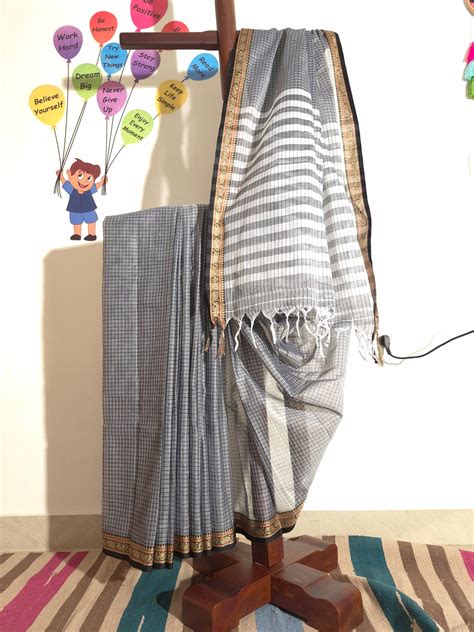 Narayanpet Handlooms: Grey Saree in Checks – The Whispering Weaves