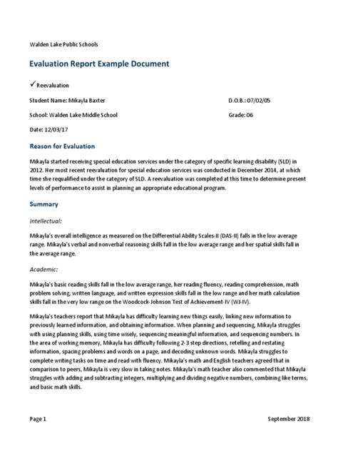 Evaluation Report Example Document 9.2018 | PDF | Learning Disability | Reading Comprehension
