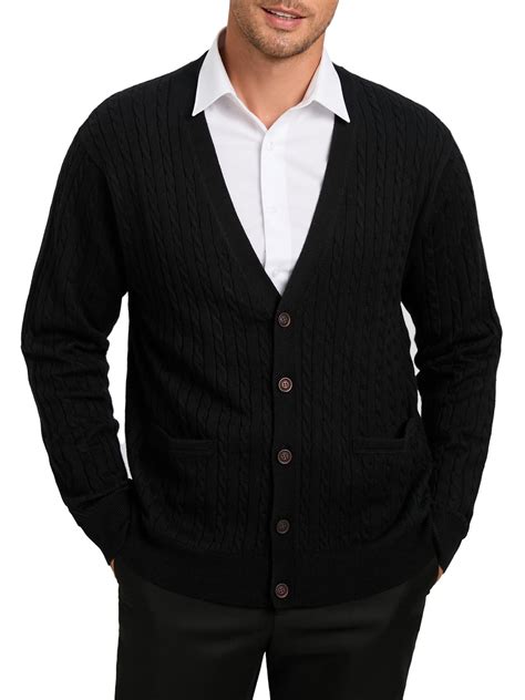 Kallspin Men’s Wool Blend V-Neck Cable-Knit Cardigans Sweaters (Black ...