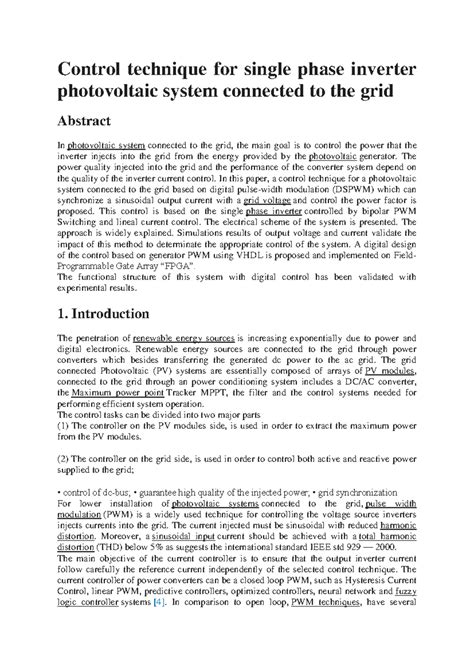 Control technique for single phase inverter photovoltaic system ...
