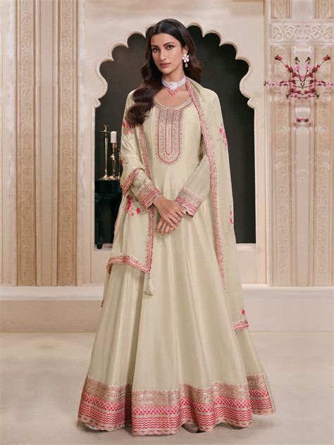 Ivory Cream Elegance Floral Embroidered Anarkali Gown – Suvidha Fashion