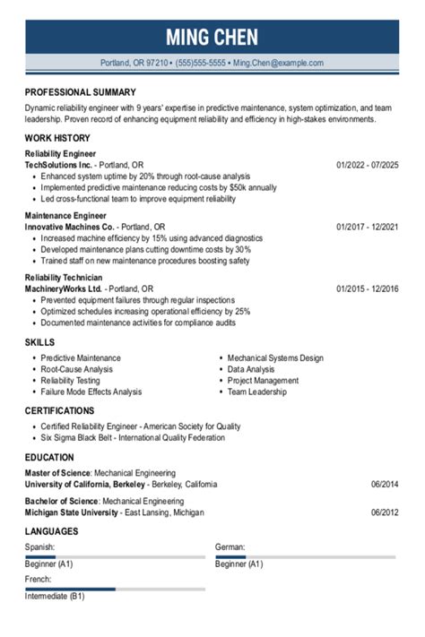Image result for Reliability Engineer Resume Examples