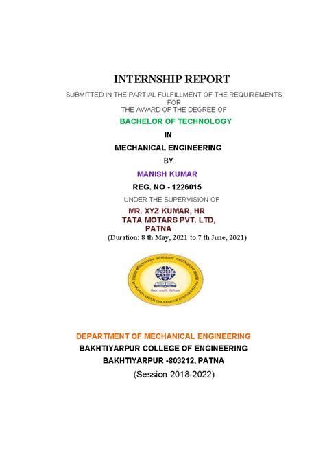 Front page BCE , Internship Report - INTERNSHIP REPORT SUBMITTED IN THE ...