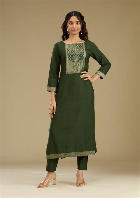Buy Bottle Green Zariwork Semi Crepe Readymade Salwar Suit - Koskii