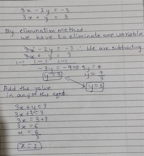 What’s the elimination of 3x-2y=-3, 3x+y=3 - Brainly.in