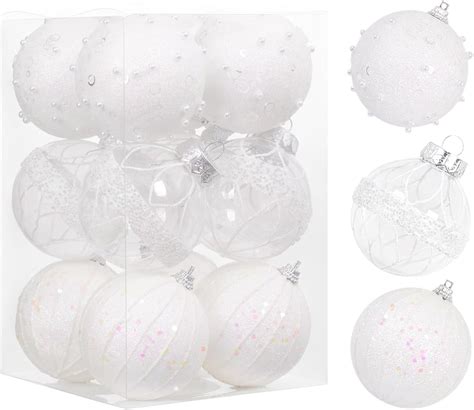 Amazon.com: 12pc 2.76 White Christmas Ball Ornaments Glitter Sequin ...