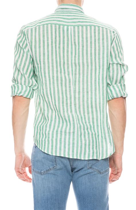 Frank & Eileen Finbar Linen Wide Stripe Shirt - GREEN/WHITE | Garmentory