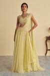 Buy Yellow Organza Dandelion Embellished Pre-draped Lehenga Saree With ...