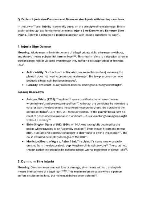 LAW OF TORTS: Injuria Sine Damnum & Damnum Sine Injuria Explained - Studocu