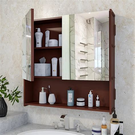 Premium Wooden Brown Bathroom Cabinet with Mirror & 4 Spacious Shelves ...
