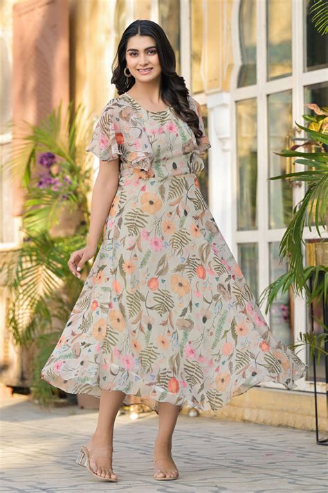 Light Olive Digital Floral Printed Chiffon Maxi Dress