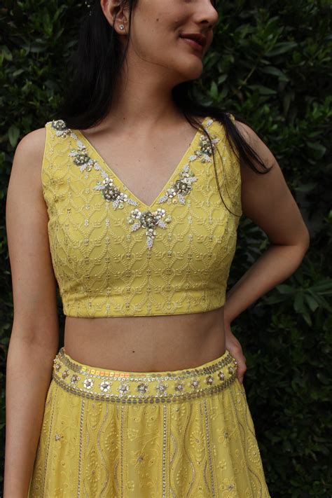 Yellow thread work georgette lehnga with hand embroidered blouse – Sohni