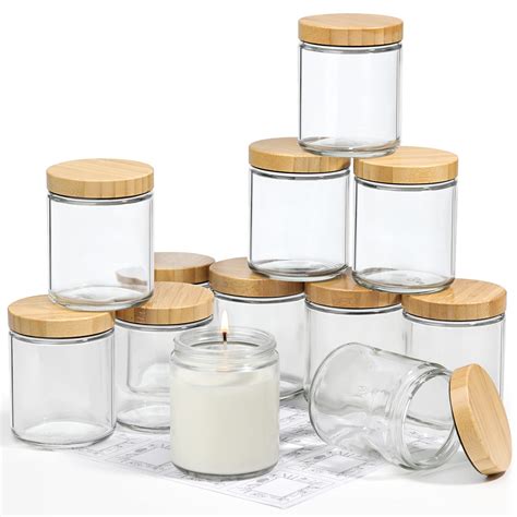 12 Pack, 8 OZ Thick Glass Candle Jars with Bamboo Lids, Bulk Clear ...