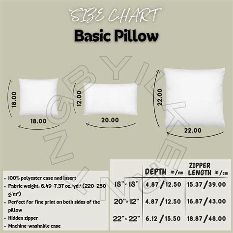 Basic Pillow Size Chart | All Over Print Basic Pillow Mockup and Key ...