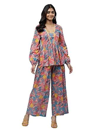 Buy Aarke Ritu Kumar Blue Floral Print Top with Pant Co-Ord Set at ...