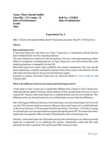 Cloud Computing Experiment 03 Studying Bare Metal Hypervisor - Name ...