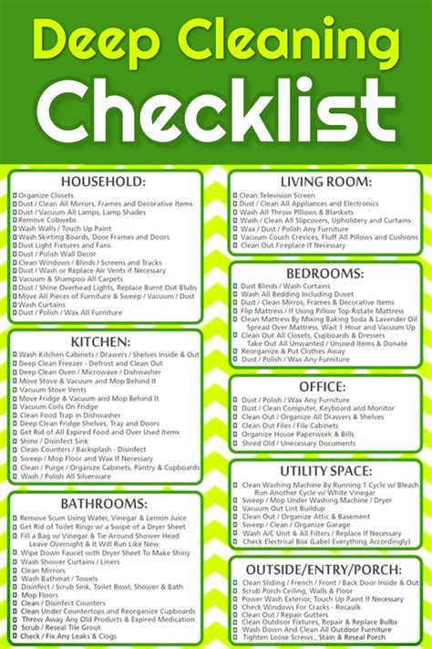 a green and white checklist with the words deep clean checklist written ...