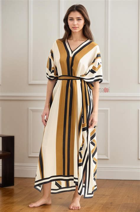 Elegant Mustard & Black Striped Kaftan Dress with Belt – Navvi.in