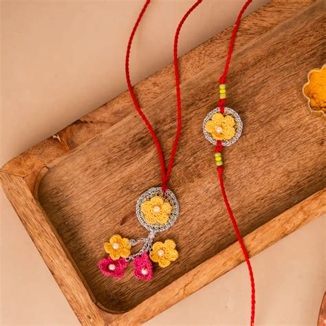 Buy Handmade Crochet Golden Daisy Bhaiya Bhabhi Rakhi With Roli Chawal ...