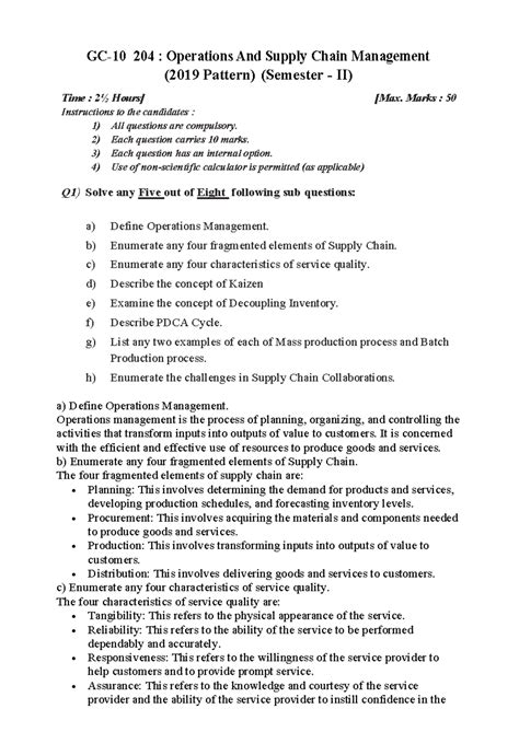 Answer Key OSCM Oct M.B.A ( 2019 Pattern ) - GC-10 204 : Operations And ...