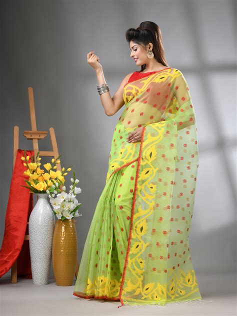 Light Green Muslin Soft Saree With Jamdani Designs – Charukriti
