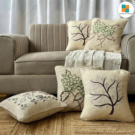 Cotton Embroidered Cushion Cover - Premium Set of 5, Size:40cm X 40cm ...