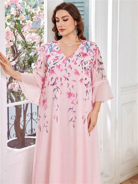 Lacomfia Plus Size Women Ditsy Floral V-Neck Chiffon Casual Dress, Pink ...
