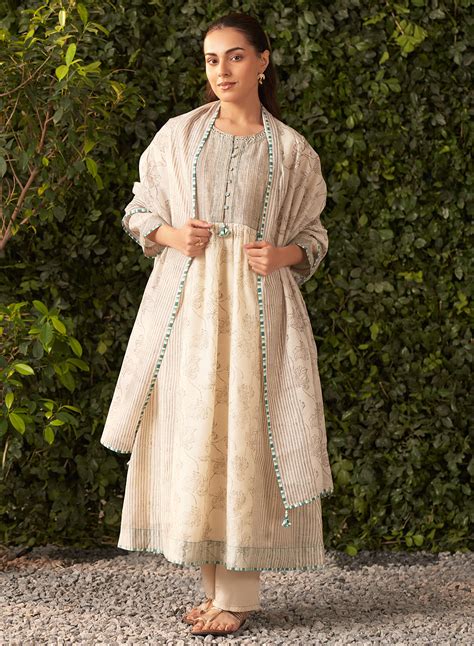 Amaya Cream Printed Chanderi Suit Set with Dupatta – Lakshita