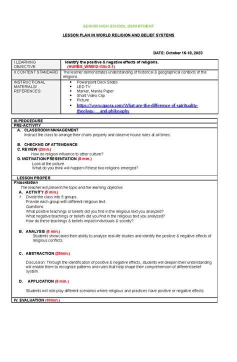 HUMSS_WRB12 - Weekly Lesson Plans for World Religion (Oct 16-25, 2023 ...