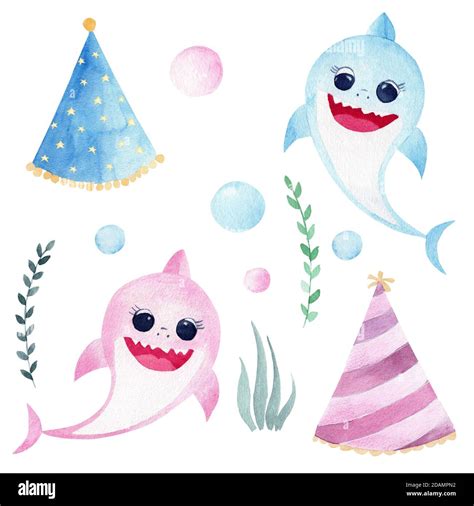 Baby shark watercolor clipart. Hand painted smiling sharks, sea ...
