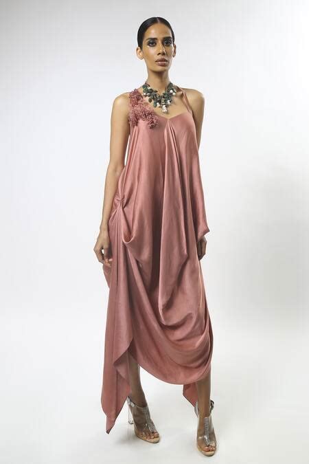 Buy Pink Satin V Neck Draped Asymmetric Dress For Women by Varun Bahl ...