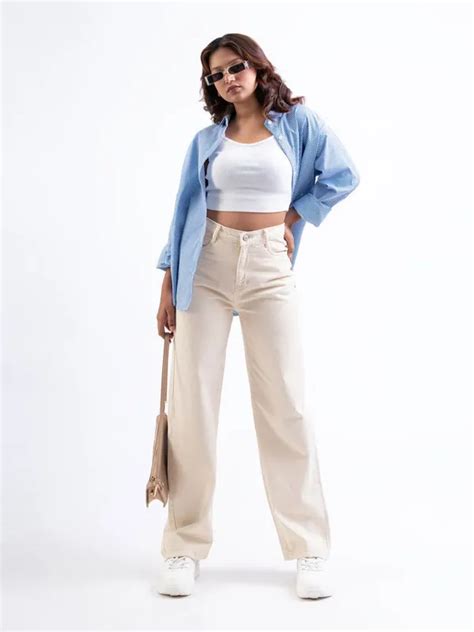 Z&G TRENDS Beige Denim Wide Leg Jeans For Women | Relaxed Fit | Non ...