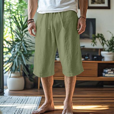 COSFO Men Pants Casual Green Straight Cotton Linen Capris Relaxed Fit ...