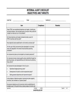 Fillable Online INTERNAL AUDIT CHECKLIST OBJECTIVES AND ... Fax Email ...