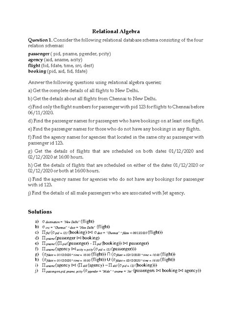 Relational Algebra Assignment Solutions for Database Course (CS101 ...